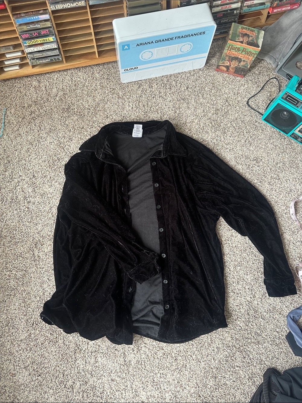 Black Velvet Button-Front Shirt Jacket